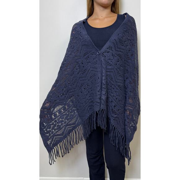 Navy blue open-knit poncho - Picture 1 of 3